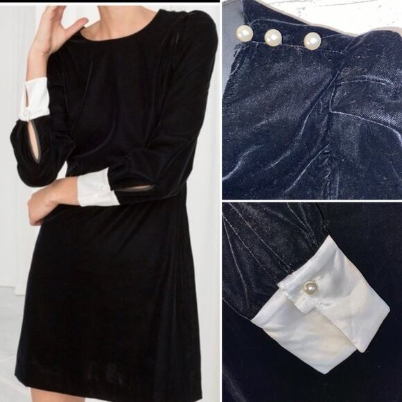 NEW & Other Stories Paris Atelier Velvet Pearl Button White Cuff Dress XS NWT - Picture 1 of 14